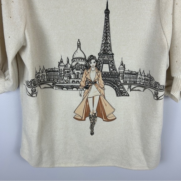 Colortree Casual Paris Themed Embellished Knit Short Sleeve Sweater Medium - Picture 4 of 13